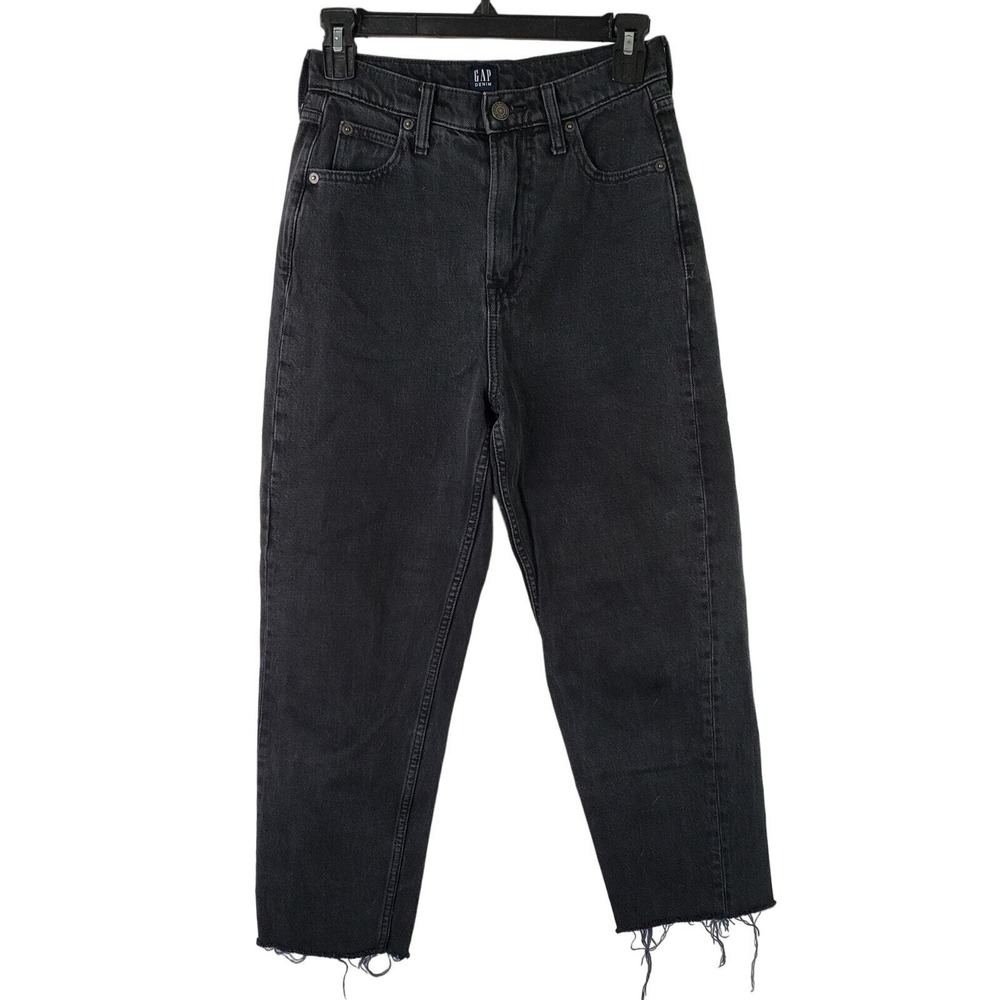 GAP Denim Mom Jeans‎ Womens Size 0/25 Tall Black Rinse High Rise Distressed Hem